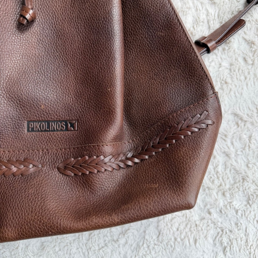 Pikolinos Brown Leather Drawstring Backpack Shoulder Bag Made in Spain Braided - Picture 6 of 14